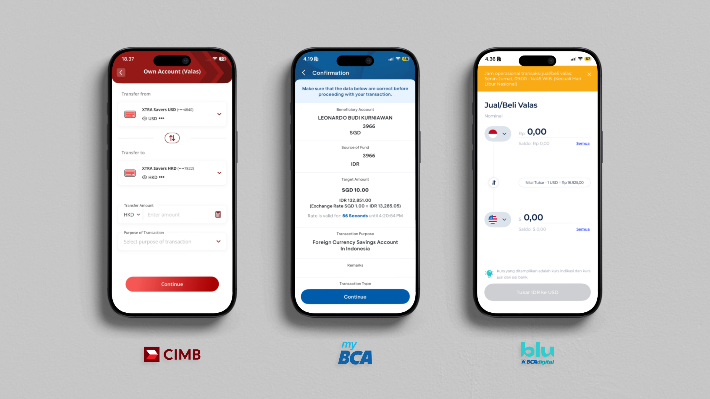 Side-by-side comparison of three Indonesian banking apps, CIMB, BLU by BCA, and myBCA, showing each app's currency and transfer screens