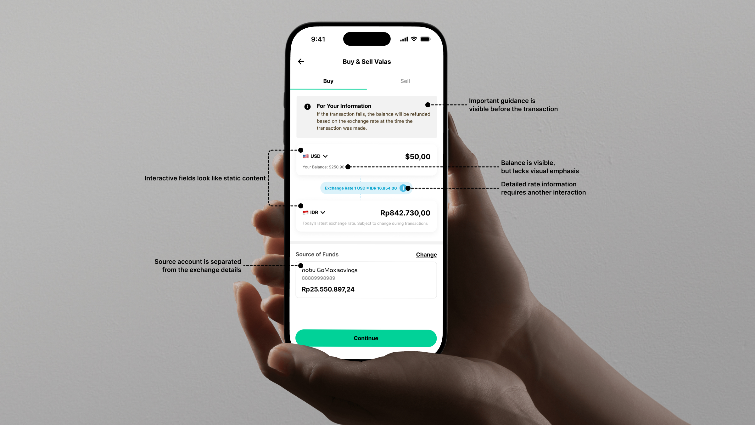 Exploration 2, a minimal interface where the source of fund is visible but input fields lack any visual affordance and the rate is hidden behind a bottom sheet