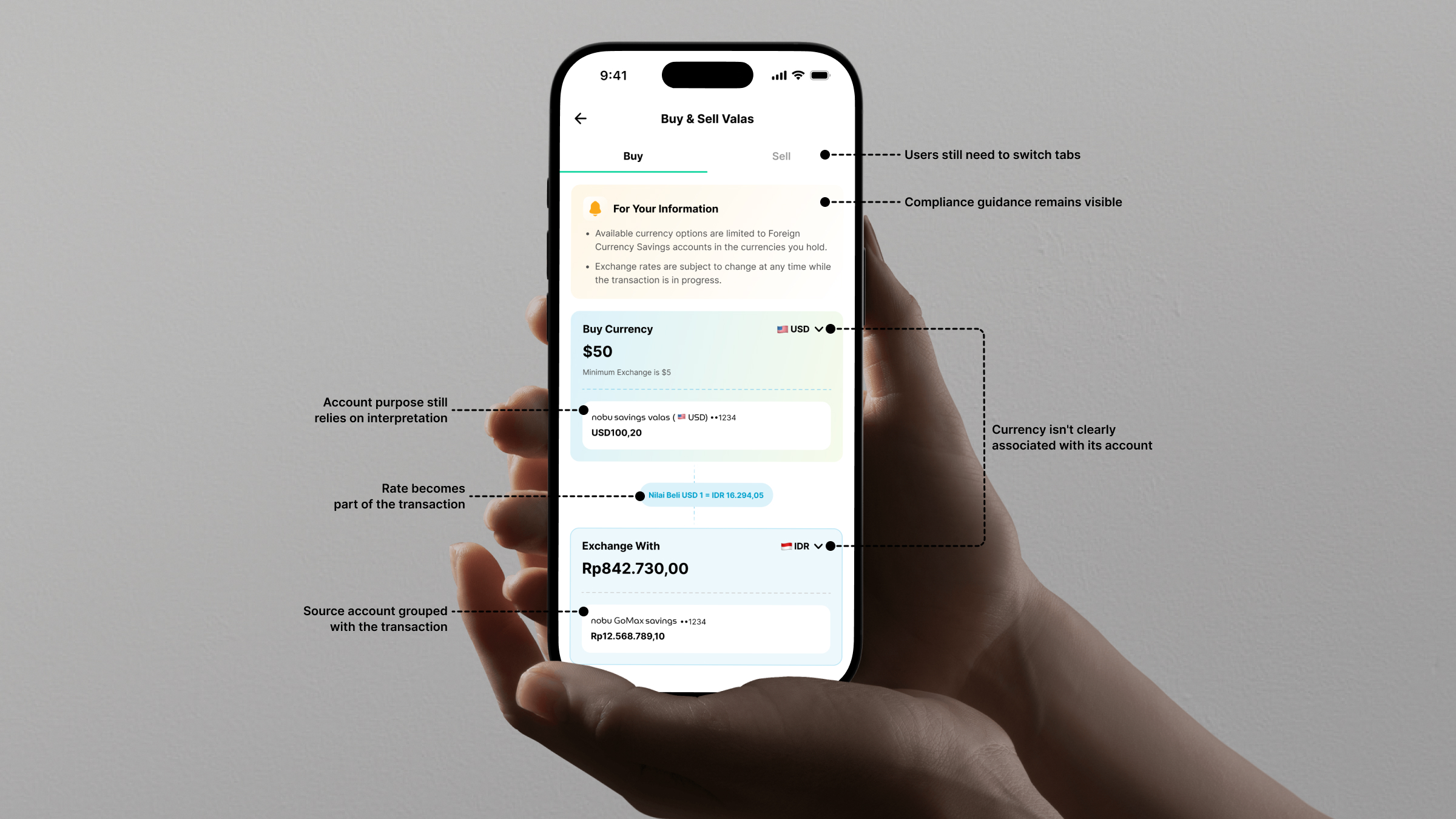 Exploration 3, source of fund and destination account grouped in matching cards that look visually identical, with tabs for buy and sell still present