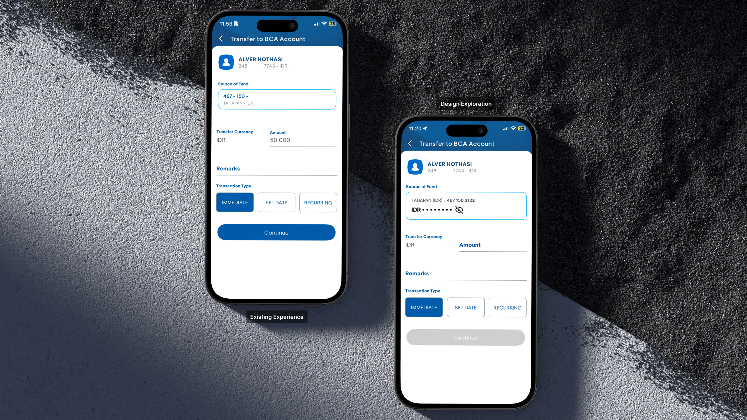Source Account card in myBCA shown in two states: balance masked as IDR followed by dots, and balance revealed after one tap