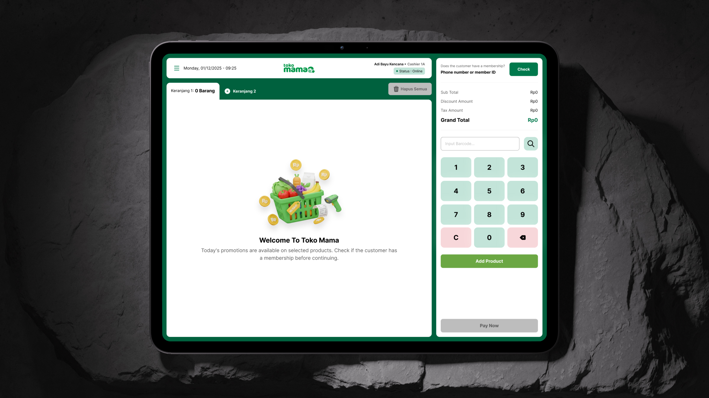 Toko Mama POS cashier interface on a tablet, showing an active checkout transaction with line items and total