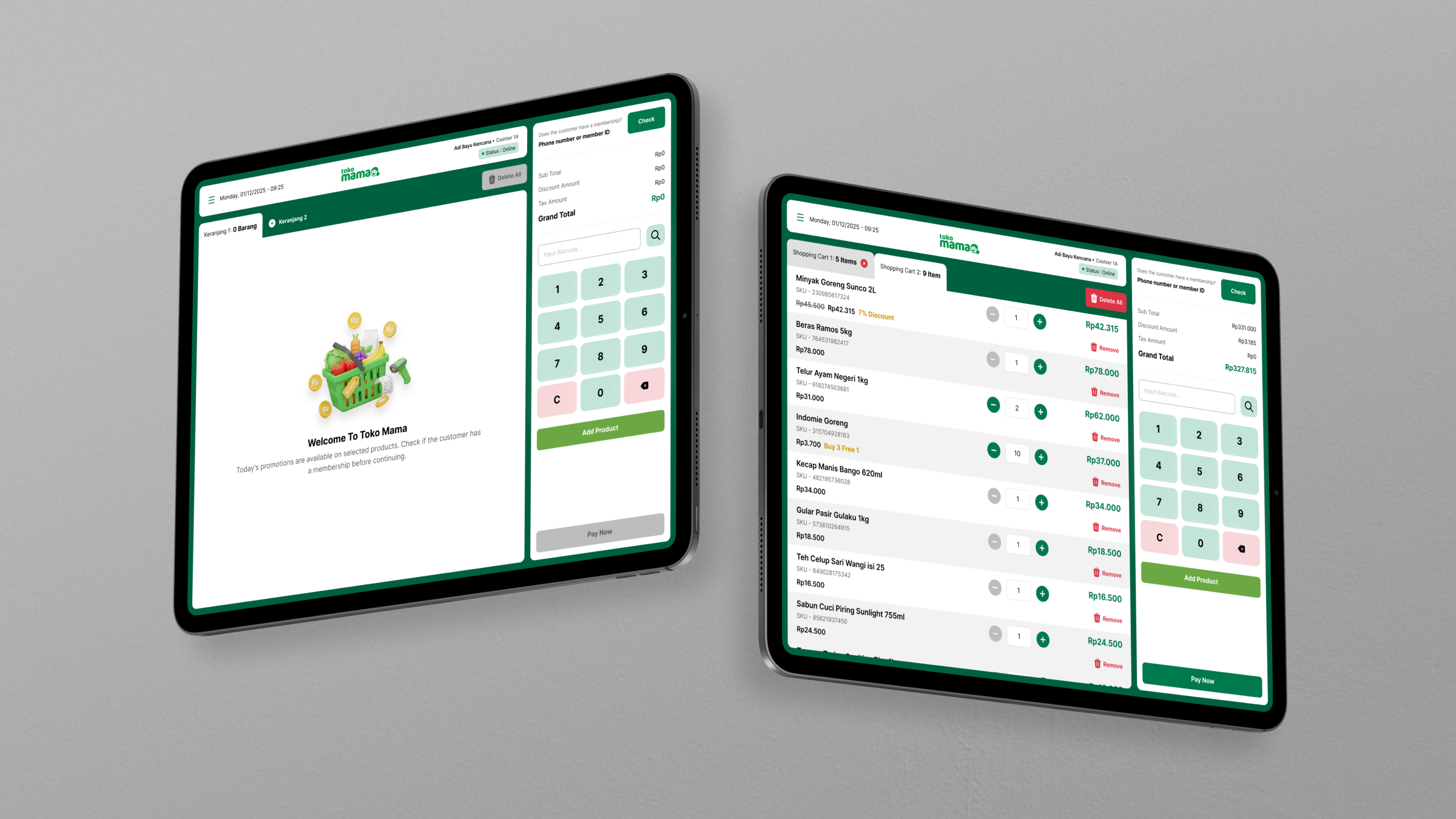 Toko Mama POS cashier interface showing multiple cart tabs at the top of the screen, a white tab for the active cart and grey tabs for held carts
