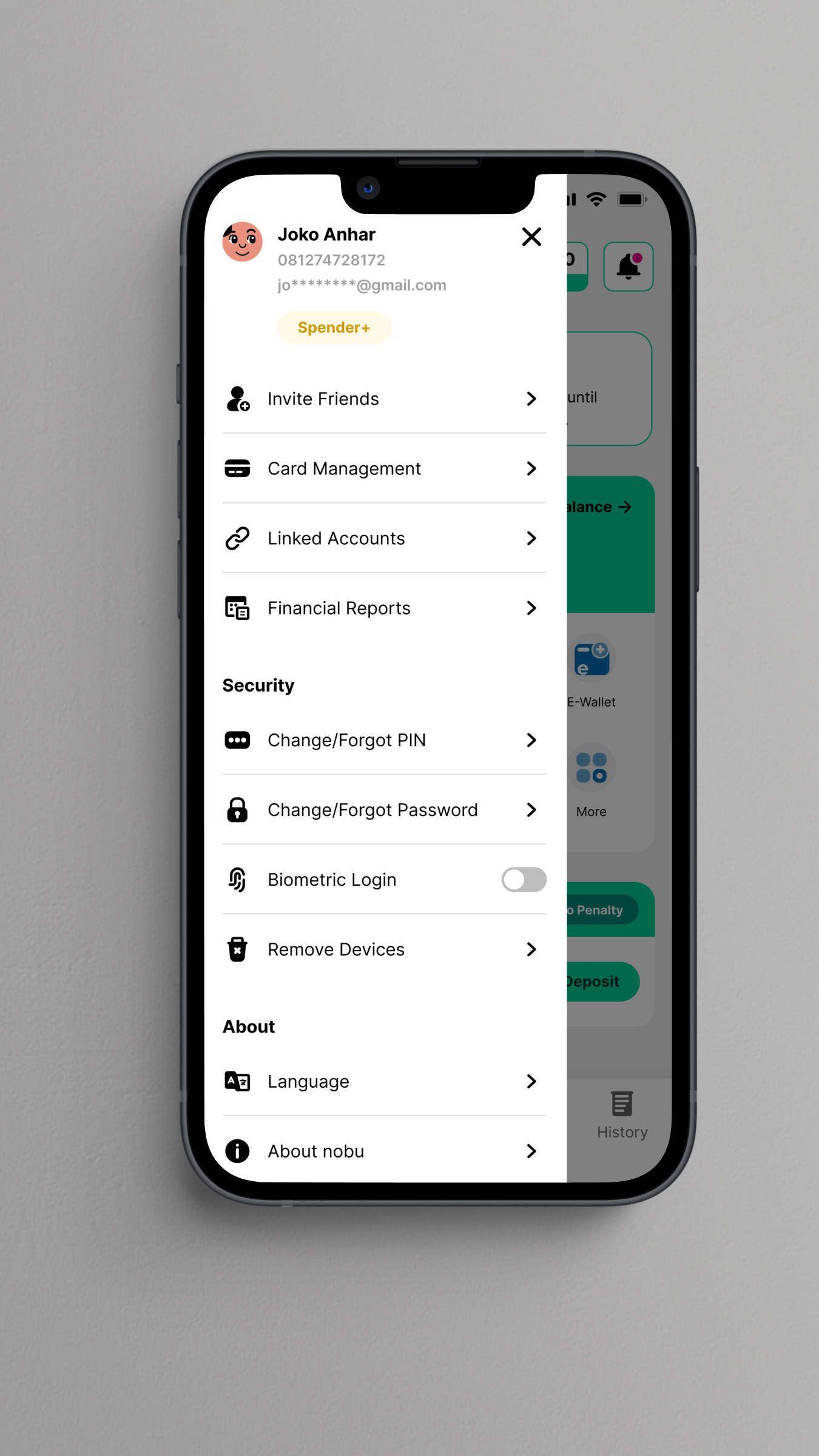 The existing slide-out drawer, showing account-adjacent items grouped without much order