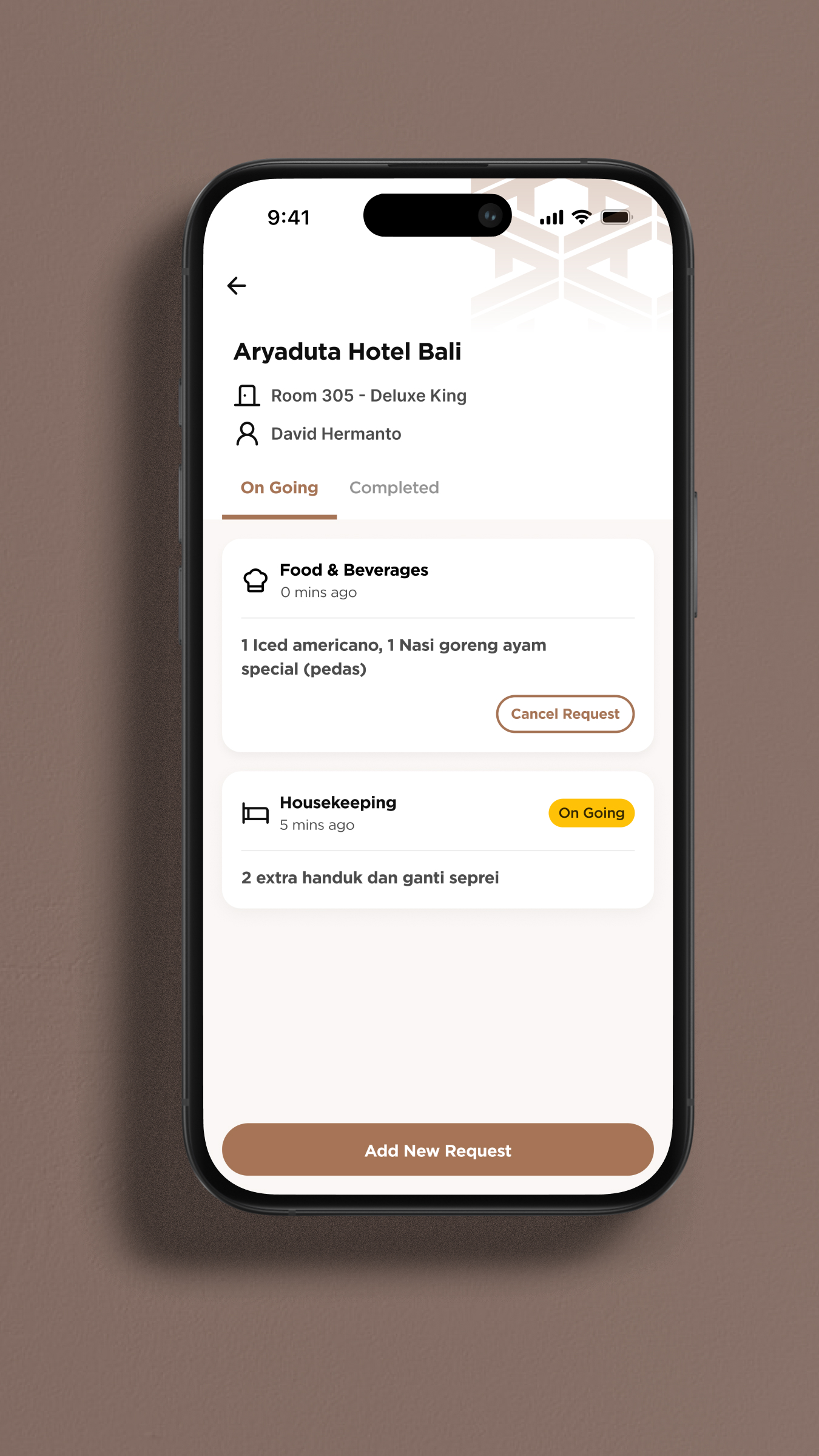 Guest request flow, My Requests status-tracking list